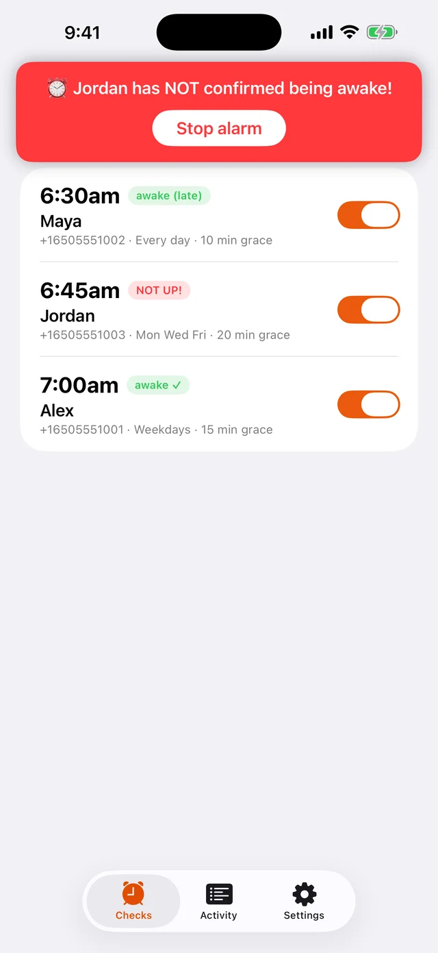 Escalation alarm banner: Jordan has NOT confirmed being awake